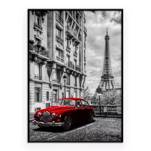 Poster Rotes Retro-Auto und der Eiffelturm in Paris