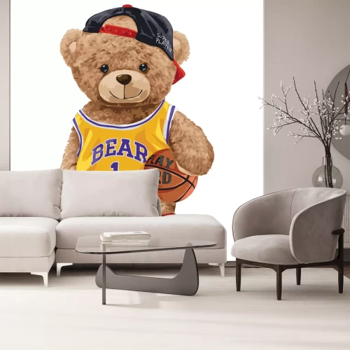 Sticker Ein Teddybär im Basketball-Outfit mit einem Ball