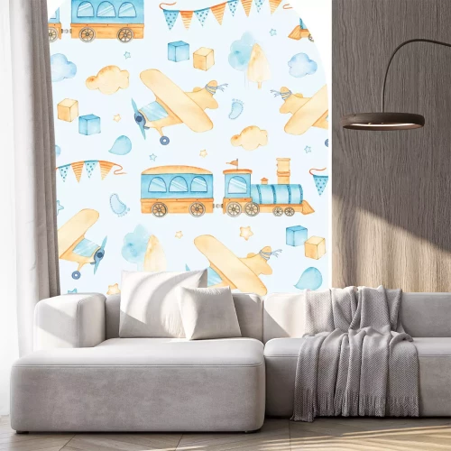 Sticker Aquarellvorlage mit Zügen und Flugzeugen für Kinder