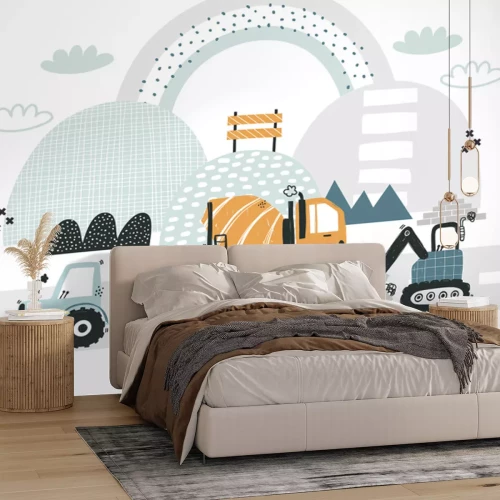 Sticker Baustellenfahrzeuge vor Regenbogenhintergrund - Illustration für Kinder