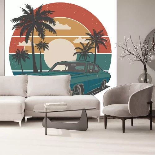 Sticker Ein Auto im Retro-Stil vor dem Hintergrund eines Sonnenuntergangs und Palmen.