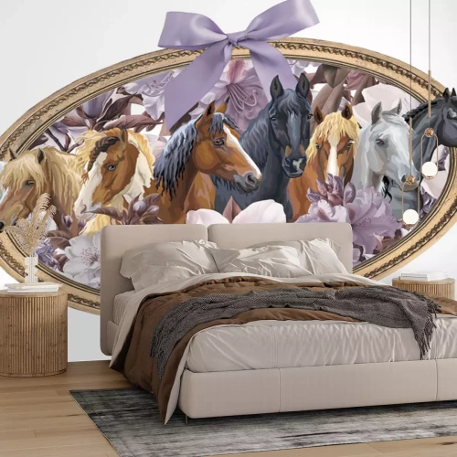 Sticker Pferde zwischen lila und weißen Blüten