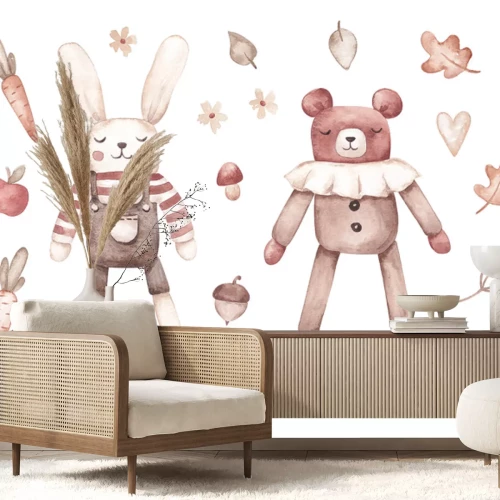Sticker Aquarell-Hase und Teddybär in Herbstfarben