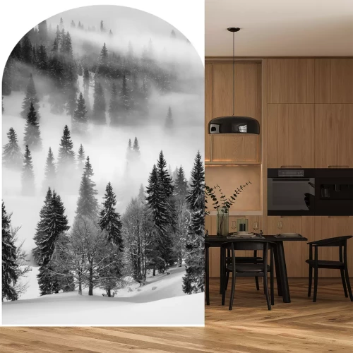 Sticker Neblige Winterlandschaft in Schwarz und Weiß