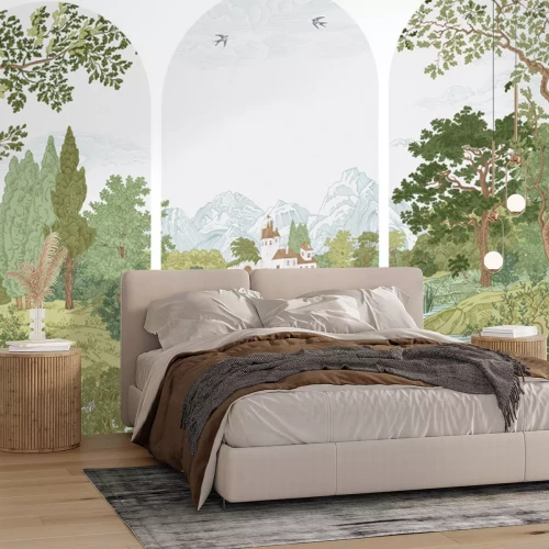 Sticker Landschaft mit einem Fluss in geometrischen Bögen