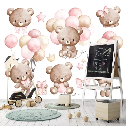 Sticker Aquarell-Teddybären und rosa Luftballons