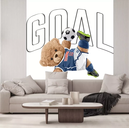 Sticker Ein Teddybär in Fußballuniform mit einem Fußballball