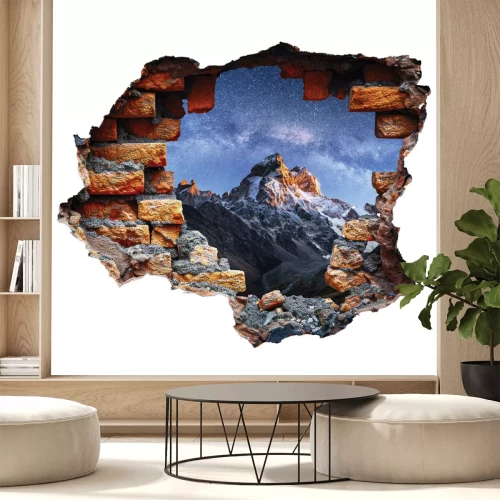 Sticker Blick auf einen Berggipfel durch eine Lücke in einer 3D-Wand