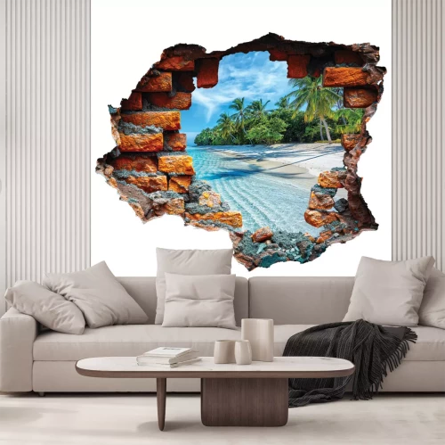 Sticker 3D-Loch in der Wand mit Blick auf eine tropische Landschaft