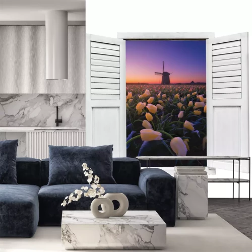 Sticker Ein Feld gelber Tulpen und eine Windmühle im Sonnenuntergang