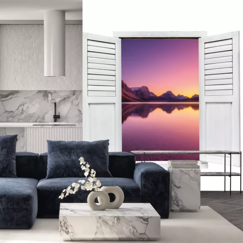 Sticker Blick aus dem Fenster auf den See bei Sonnenuntergang