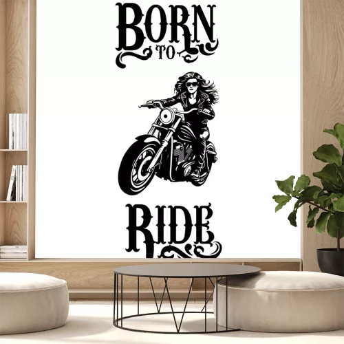 Sticker Frau auf einem Motorrad in Schwarzweiß