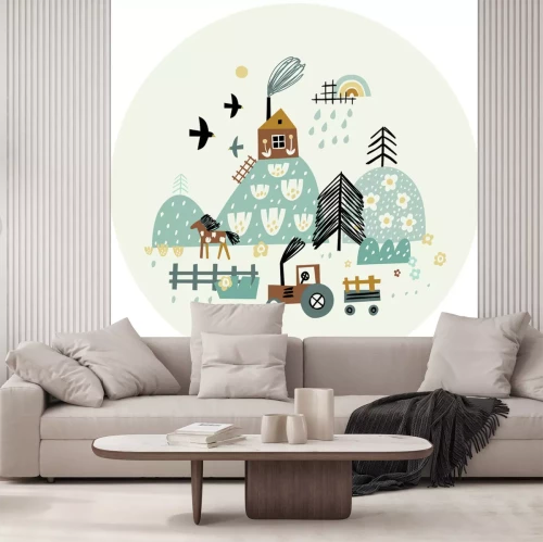 Sticker Ein Traktor vor der Kulisse einer märchenhaften Landschaft