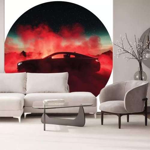 Sticker Ein Sportwagen in rotem Rauch vor dem Sternenhimmel