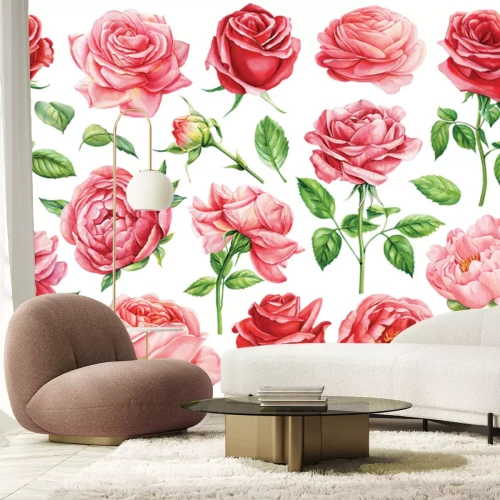 Sticker Rosen und Pfingstrosen mit Blättern im Aquarellstil