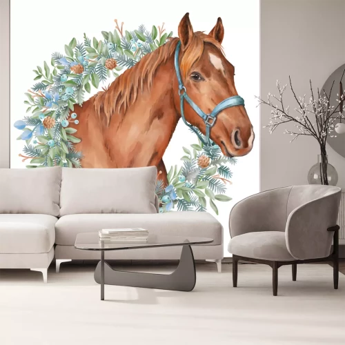 Sticker Porträt eines Pferdes mit einem Aquarellkranz