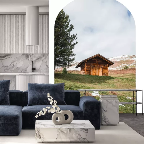 Sticker Berglandschaft mit einer Holzhütte