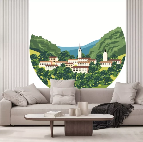 Sticker Landschaft eines malerischen Dorfes in einem Tal