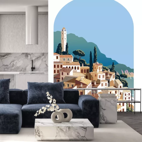 Sticker Blick auf ein mediterranes Dorf an der Küste