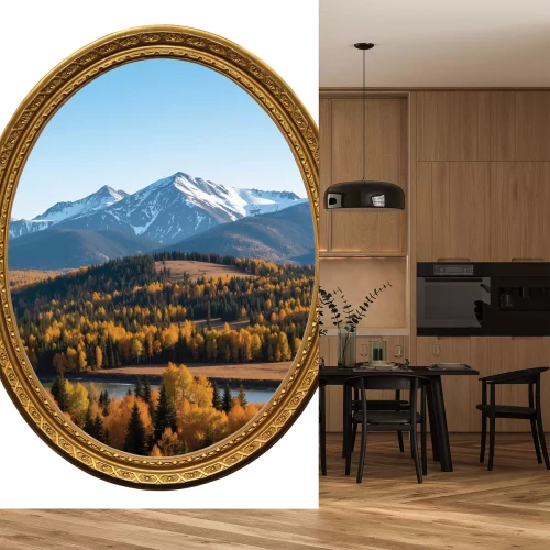 Sticker Berglandschaft in einem goldenen Rahmen