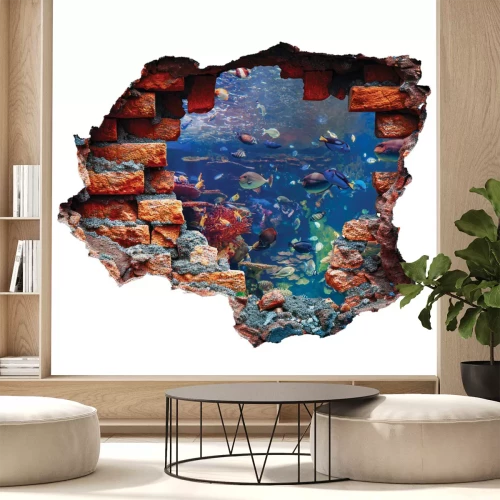 Sticker Ein 3D-Blick durch ein Loch in einer Backsteinmauer auf die Unterwasserwelt und ein Korallenriff.
