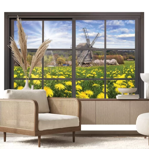Sticker Ein Löwenzahnfeld mit einer Windmühle, Blick aus dem Fenster