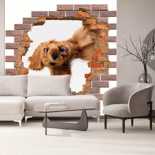 Sticker 3D-Loch in der Backsteinmauer und süßer Welpe
