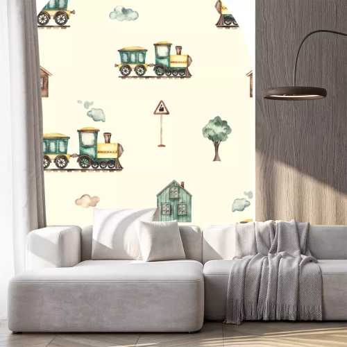 Sticker Ein Muster mit einem Motiv aus historischen Lokomotiven und Häusern