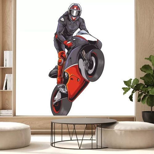 Sticker Ein Motorradfahrer, der auf einem Motorrad einen Wheelie macht