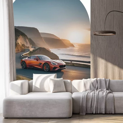 Sticker Ein Sportwagen vor einer Sonnenuntergangslandschaft