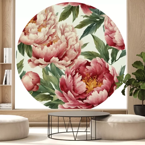 Sticker Romantische Pfingstrosenblüten zwischen grünen Blättern