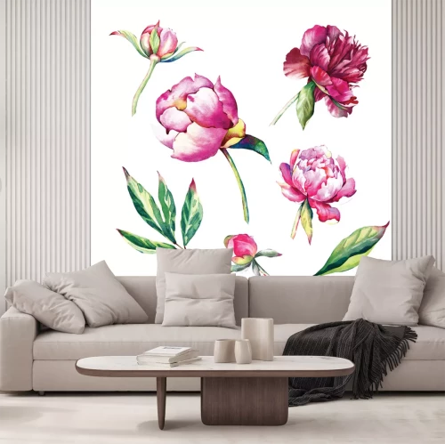 Sticker Rosa Pfingstrosen und grüne Blätter im Aquarellstil