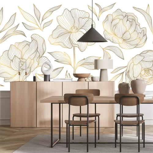 Sticker Abstrakte goldene Pfingstrosenblüten und Blätter