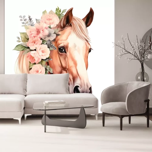 Sticker Aquarellporträt eines Pferdes, verziert mit rosa Blüten und Blättern.