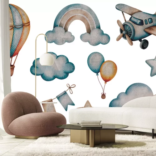 Sticker Retro-Aquarell-Ballon, Flugzeug, Wolken und Sterne