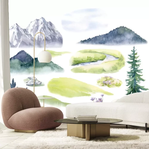 Sticker Berge und Bäume im Aquarellstil