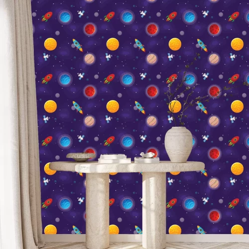 Tapete Muster mit Weltraumraketen und Planeten