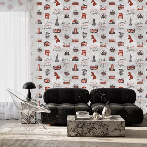 Tapete Ein Muster mit britischen Symbolen auf grauem Hintergrund