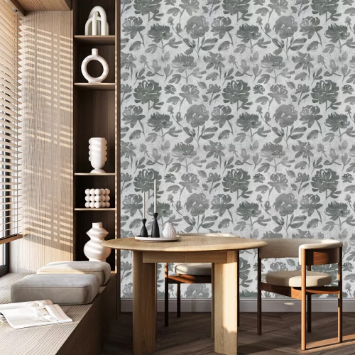 Tapete Graues Blumenmuster mit Betonstruktur