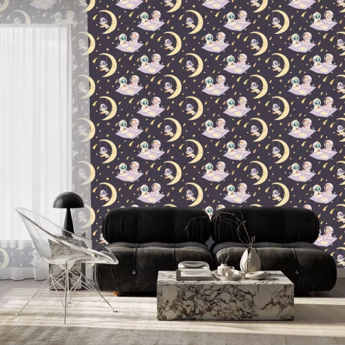 Tapete Astronauten im Weltraum vor dem Nachthimmel – ein Muster für Kinder