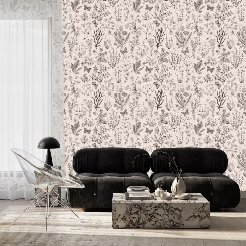 Tapete Botanisches Muster von Wildblumen und Kräutern