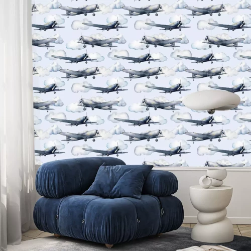 Tapete Flugzeug- und Wolkenmuster im Aquarellstil