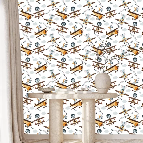 Tapete Fröhliche Tiere in Flugzeugen am Himmel mit Wolken