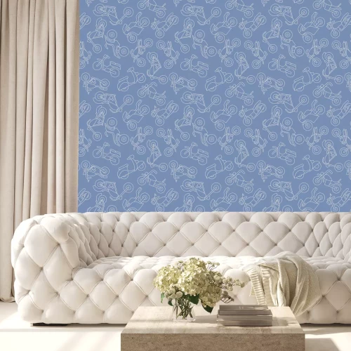 Tapete Motorräder und Roller im minimalistischen Stil auf blauem Hintergrund