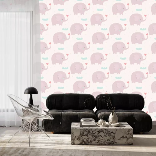 Tapete Ein Muster mit niedlichen rosa Elefanten auf hellem Hintergrund