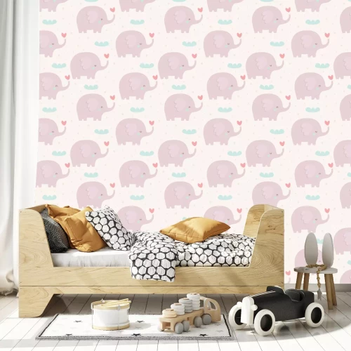 Tapete Ein Muster mit niedlichen rosa Elefanten auf hellem Hintergrund