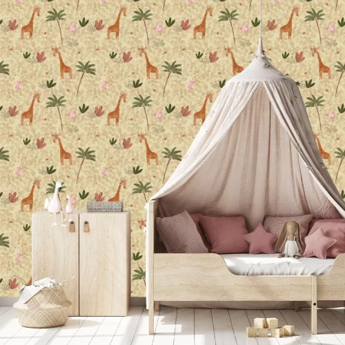 Tapete Muster mit Giraffen und Vegetation in Braun- und Beigetönen