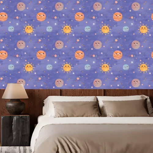 Tapete Planeten im Weltraum – ein Muster für Kinder im Cartoon-Stil