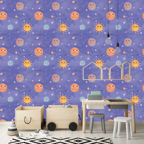 Tapete Planeten im Weltraum – ein Muster für Kinder im Cartoon-Stil