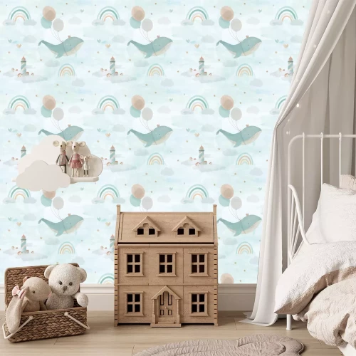 Tapete Fliegender Wal mit Krone, der Ballons hält.